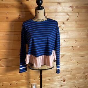 Deletta Navy and Blue Striped Long Sleeve Top with Pink Ruffle Peplum.